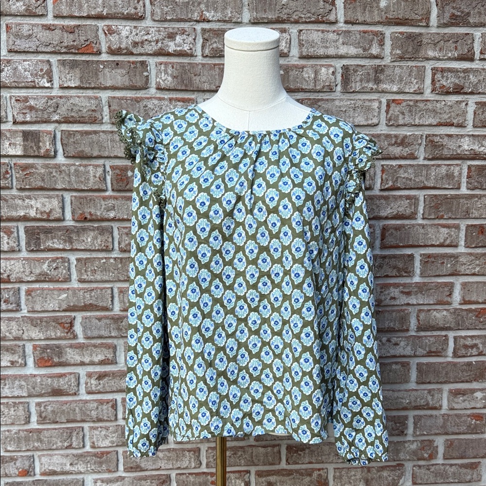 J Crew Floral Green and Blue Women's Top